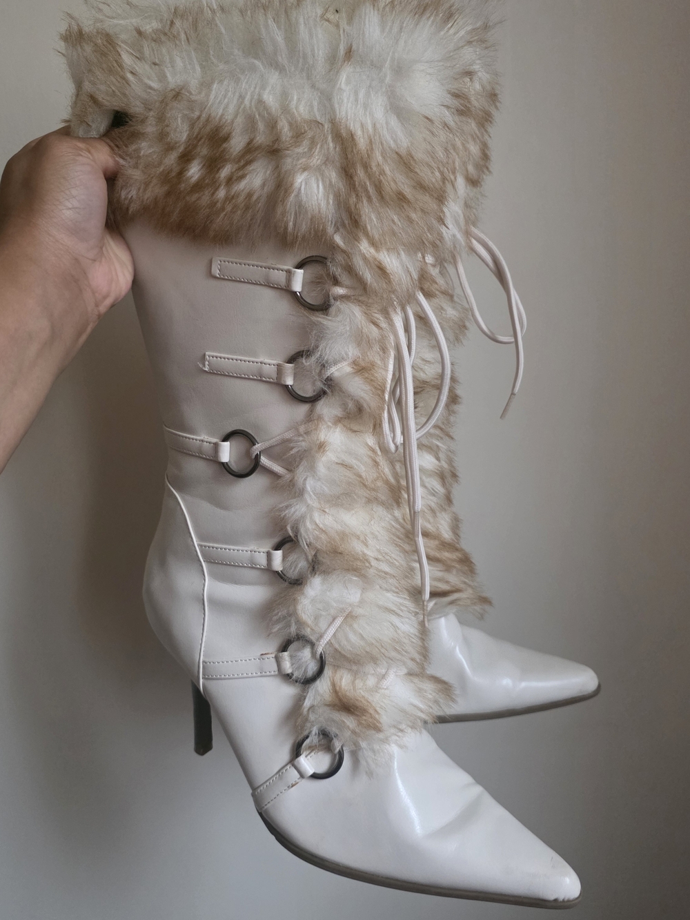 Delicious White Fur Trim Stiletto Boots - Picture 2 of 9